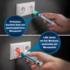 A hand is using a voltage tester to check electrical outlets. The top image shows the tester indicating no voltage with a green light, and the bottom image shows it indicating voltage with a red light. Voir les images du produit