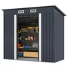 A dark gray metal shed with sliding doors, filled with tools and storage items. Produktbild-Vorschau
