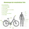 A diagram showing the dimensions of an electric bike and two figures representing different heights, with measurements indicated. Produktbild-Vorschau
