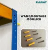 A close-up of a blue shelf bracket attached to a wall, with yellow wall plugs and screws shown in a separate inset box. The text "WANDMONTAGE MÖGLICH" (Wall mounting possible) is displayed. Produktbild-Vorschau