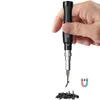 A hand holding a precision screwdriver, with a pile of screws below it. Voir les images du produit