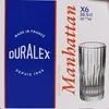 The image shows the packaging of Duralex Manhattan tumblers. The packaging is predominantly blue with white and red text and graphics. A single tumbler is shown on the right side of the packaging. Voir les images du produit