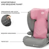 A close-up view of a pink and gray child car seat, with text overlays highlighting its features. Produktbild-Vorschau