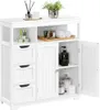 A white bathroom cabinet with drawers and doors, styled with decorative items on top and inside. Produktbild-Vorschau