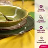 A close-up shot of green and brown ceramic bowls and plates stacked on a yellow tablecloth, with marketing text and icons on the right side. Náhled obrázku produktu