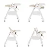 Four views of a white baby high chair with beige padding and rose gold accents, shown from different angles. Náhled obrázku produktu