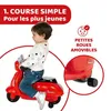 A young child is riding a red toy Vespa scooter. There is marketing text and icons on the right side of the image. Náhľad obrázku produktu