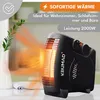 A black KRUMAD heater is shown on a table, emitting orange heat. A vase with a green plant is to the left. Text overlays describe features and benefits. Voir les images du produit
