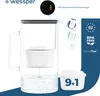 A water filter pitcher with a filter cartridge and informational graphics. Produktbild-Vorschau