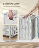 A person is shown using a white woven laundry basket with handles and a removable liner. Insets highlight the handles and the protective feet of the basket. Produktbild-Vorschau
