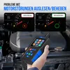 A hand holds an OBD2 scanner in front of a car engine, with dashboard displays showing a fault and then a cleared fault. Produktbild-Vorschau
