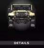 A front view of a tan off-road vehicle model, likely a toy or building kit, against a dark, grid-patterned background with the word "DETAILS" at the bottom. Voir les images du produit
