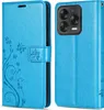 A blue flip case for a smartphone, shown from the front and back. Produktbild-Vorschau