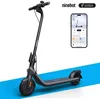 A black electric scooter is shown against a white and blue background, with a smartphone displaying the Segway-Ninebot app in the upper right corner. Voir les images du produit