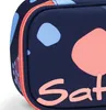 A close-up view of a navy blue pencil case with a pattern of light blue and pink abstract shapes. The zipper is a bright pink. Podgląd zdjęcia produktu