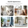 Collage of four lifestyle images showing a white cat litter box in different indoor and outdoor settings. Podgląd zdjęcia produktu
