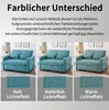 Three images of a blue-green sofa under different lighting conditions, with fabric swatches and text labels. Anteprima dell’immagine prodotto