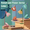 A collage of desk lamps designed to look like flowers, displayed on shelves with decorative backgrounds. Produktbild-Vorschau