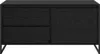 A front view of a black wooden TV cabinet with two drawers on the left and a door on the right, set against a white background. Náhled obrázku produktu