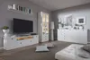 A modern living room with white furniture, including a TV stand, display cabinet, and sideboard. Produktbild-Vorschau