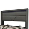 Close-up view of the headboard of a grey bed frame with integrated LED lighting. Produktbild-Vorschau