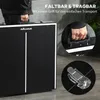 A person is holding a folded table tennis table by its handle, with close-up insets showing the handle and a latch. Produktbild-Vorschau