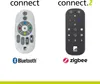 Two remote controls are shown side-by-side, each with its associated connectivity logo and brand name. Produktbild-Vorschau
