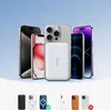 Multiple iPhones are displayed with a white power bank attached to one of them, with a selection of different colored power banks and phone cases shown below. Podgląd zdjęcia produktu