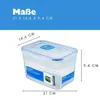 A clear plastic food container with blue accents, shown with dimensions indicated by text and lines. Voir les images du produit