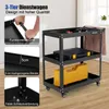 A 3-tier rolling tool cart with various tools and containers on it, shown in a workshop or garage setting. Inset images highlight specific features like the handle, raised edges, and screw connections. Náhled obrázku produktu