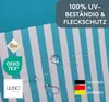 A close-up of a striped fabric with water droplets on it, featuring various certification logos and text overlays. Produktbild-Vorschau