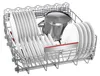 A dishwasher rack filled with white plates and a metal pot. Podgląd zdjęcia produktu