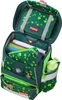 An open green school backpack with a geometric pattern, showing its compartments and contents. Anteprima dell’immagine prodotto