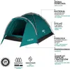 A green camping tent with labels and diagrams explaining its features. Náhled obrázku produktu