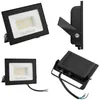 A collage of four images showing a black LED floodlight from different angles. Produktbild-Vorschau