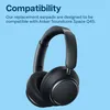 A pair of black headphones is shown against a light blue background, with text indicating compatibility. Produktbild-Vorschau