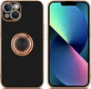 A black iPhone case with a gold ring holder is shown next to an iPhone screen. Produktbild-Vorschau