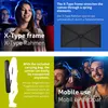 Collage of marketing images showing a projector screen in use and its features. Produktbild-Vorschau