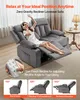 A woman relaxing in a gray recliner loveseat sofa, with text overlays and inset images demonstrating features. Podgląd zdjęcia produktu