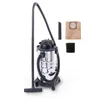 A wet and dry vacuum cleaner with accessories is displayed against a white background.