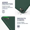 Collage of images showing a dark green phone case with text highlighting its protective features. Produktbild-Vorschau