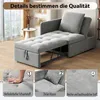 A grey sofa bed is shown in a living room setting, with close-up details of its features at the bottom. Náhled obrázku produktu