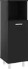 A black cabinet with a drawer and an open shelf, standing on four white legs.