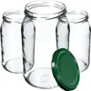 Three clear glass jars are arranged with one green lid in the foreground. Podgląd zdjęcia produktu