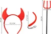 A set of devil costume accessories, including horns, a tail, and a trident, with dimensions indicated. Anteprima dell’immagine prodotto