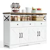 A white and brown sideboard with four doors and three drawers, styled in a country aesthetic. It is adorned with kitchenware and food items on its surface. Podgląd zdjęcia produktu