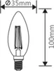 A technical drawing of a candle-shaped LED light bulb with dimensions indicated. Produktbild-Vorschau