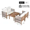 A diagram showing the dimensions of a garden lounge set, including a sofa, chairs, and a coffee table. Produktbild-Vorschau