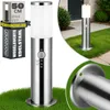 A collage of images showcasing a stainless steel outdoor lamp with a motion sensor, presented in various contexts including a close-up of its base and a lifestyle shot in a garden setting. Produktbild-Vorschau