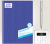 A flat lay of a blue ledger book, a silver pen, and a white card reader. Produktbild-Vorschau